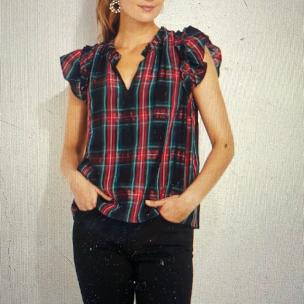 NWT Vineyard Vines Apres Tartan Ruffle sleeve blouse